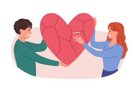 Family reunion of man and woman re-establishing romantic relationship and holding heart made of small pieces. Happy family couple repairing broken heart, wanting to restore love or life togetherのイラスト素材