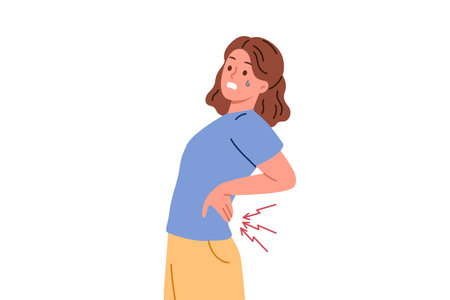 Woman suffers from pain in spine and needs massage or warming ointment to combat radiculitis. Young girl feels sharp attack of radiculitis caused by sedentary work or lifting heavy objects.のイラスト素材