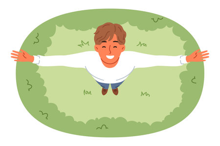 Happy man stands on lawn and looks up enjoying rays of sun and fresh air on summer day. Guy smiles and puts hands to side, feeling freedom and surge of positive emotions due to summer holidaysのイラスト素材