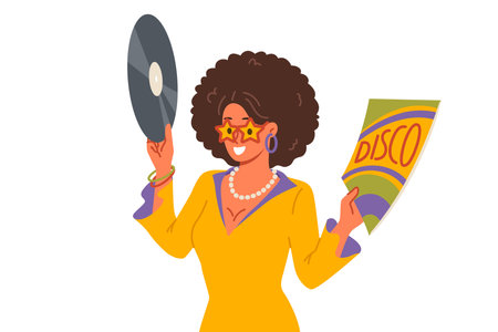 Disco woman holds vinyl record and invites you to retro holiday party with opportunity to dance and have fun. Girl in disco outfit enjoys listening to songs from authors from last centuryのイラスト素材