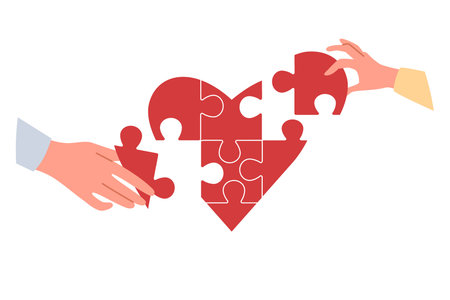 Heart symbolizing charity and mercy consists of puzzles carefully assembled by hands of people. Importance of charity and donor activity for collecting donations for social needs and helping sickのイラスト素材