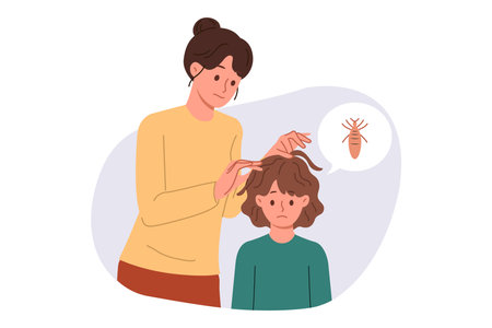 Mother is looking for lice in hair of child is upset due to infection with pediculosis and spread of parasites. Caring mom is worried about spread of lice in children who neglect hygiene rules.のイラスト素材
