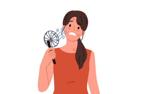 Woman uses electric fan to stop sweating and prevent exhaustion in hot summer weather. Small electric fan inside girl suffering from warming temperatures and lack of air conditioningのイラスト素材