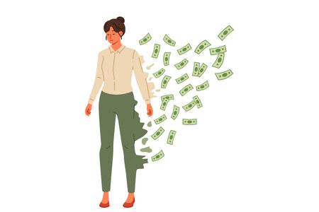 Bankruptcy of business woman falling apart into banknotes is caused by high credit obligations. Upset woman became victim of bankruptcy due to financial crisis and decrease in personal incomeのイラスト素材