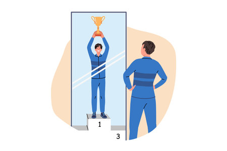 Man visualizes victory by standing in front of mirror and imagining leader gold cup. Guy dreams of receiving award and achieving leader position in sports, thanks to motivation and ambitionのイラスト素材