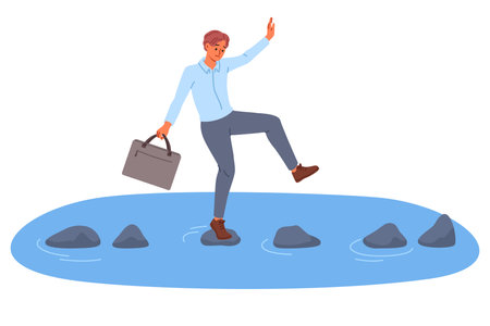 Business man takes risks by crossing river on slippery stones to achieve goals. Entrepreneur moves forward and risks drowning on path to success due to desire for rapid career growth.のイラスト素材