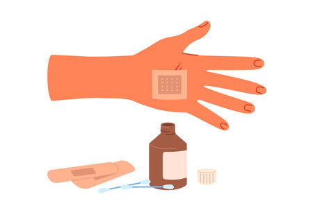 Patch on palm and medicinal ointment in glass bottle help stop bleeding and avoid blood poisoning. First aid patch for person who has been wounded due to careless handling of knifeのイラスト素材