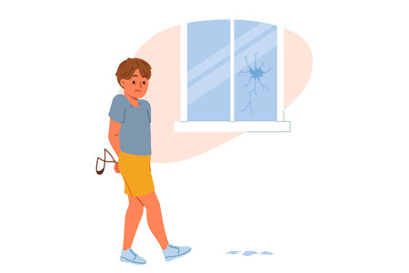 Hooligan boy broke window with slingshot and is afraid of punishment from parents for bad behavior. Hooligan child does pranks due to lack of upbringing or desire to attract attention.のイラスト素材