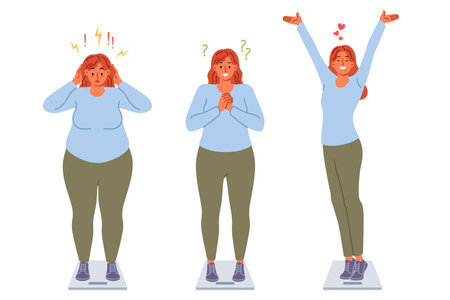 Progress in weight loss for overweight woman who quickly loses extra pounds thanks to right diet. Girl rejoices at weight loss and opportunity to get slim and beautiful body, stands on scalesのイラスト素材