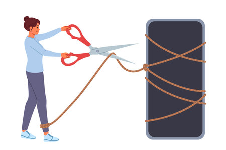 Digital detox is done by woman with mobile phone, cutting rope with scissors to get rid of addiction. Importance of digital detox in modern life to combat attachment to gadgets and social networksのイラスト素材