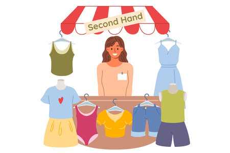 Woman selling second hand shop smiles and looks at screen, urging to buy cheap clothes. Girl owner of second hand or garage sale with already used t-shirts and shorts, with good discount on purchaseのイラスト素材