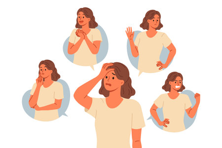 Woman with negative emotions shows different grimaces symbolizing resentment and disgust or hatred. Surprised and thoughtful lady feels negative, due to bad combination of life circumstancesのイラスト素材