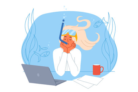 Business woman dreams of diving and opportunity to swim underwater among fish, sitting at desk with computer. Girl office clerk fantasizes about going on summer vacation to ocean coast for divingのイラスト素材