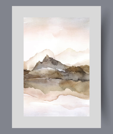 Landscape with mountains on seashore in cloudy weather, in watercolor vertical painting. Mountains reflected in river on gloomy autumn morning in nature reserve with beautiful terrainのイラスト素材