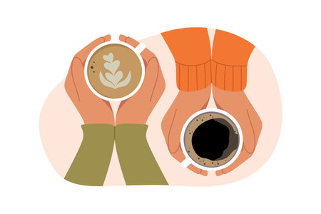 Cups of hot coffee in hands of friends enjoying taste of warm drink that allows to fill body with vigor. Delicious black coffee and cappuccino or latte in hands of friends having coffeebreakのイラスト素材