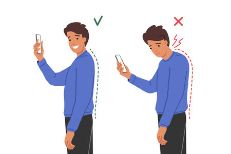 Neck clamp in man with poor posture due to frequent mobile phone use and digital addiction. Problems with posture and spinal curvature in young guy who needs help of chiropractor or massage therapistのイラスト素材