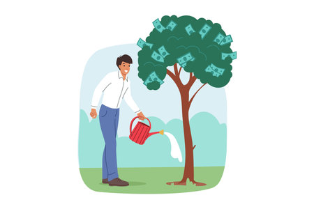 Man waters money tree, caring about increasing personal capital and financial stability. Businessman takes care of future and increases wealth through money investments in reliable assetsのイラスト素材
