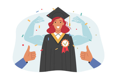 Woman university graduate in academic robe and hat, feeling strength and pride after completing studies. Highly qualified graduate who has received higher education feels support of societyのイラスト素材