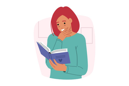 Bookworm woman is passionate about reading book with poetic love story or adventure saga about travelers. Bookworm girl studies scientific literature in free time from work to improve skills.のイラスト素材
