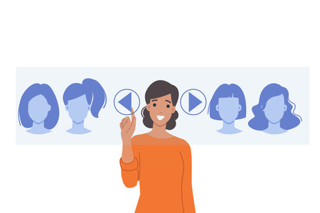 Virtual hairdresser with ability to choose hairstyle and hair styling style through digital panel. Girl visitor to futuristic hairdressing salon smiles, using technology to try on hairstyle on headのイラスト素材