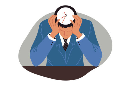 Deadline puts pressure on business man clutching head and wanting to quit job or abandon project. Problem of strict deadline and low productivity negatively affects mood of office clerkのイラスト素材