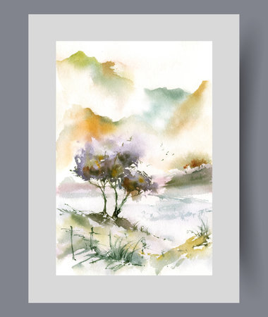 Summer landscape with tree growing on hillside and high mountains on horizon illuminated by bright sun rays. Watercolor poster with summer nature and river flowing in natural park. Wall art, printのイラスト素材