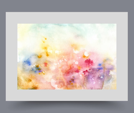Spring wildflowers grow in meadow and emit bright glow, on artistic watercolor poster. Organic wildflowers in wild field for design of flower shop or office of professional florist. Wall art, printのイラスト素材