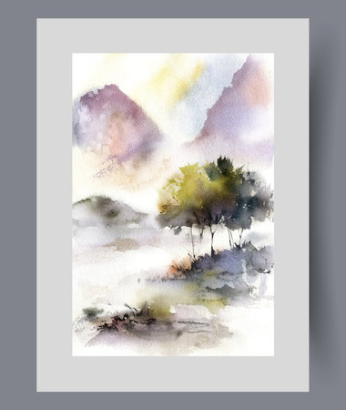 Ecological landscape with mountains and sunset over two trees with fluffy crown growing on shore of lake. Watercolor painting with ecological landscape for bedroom or living room interior designのイラスト素材