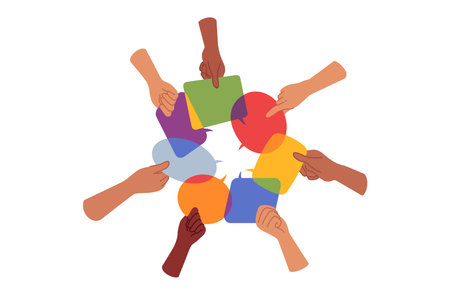 Exchange of opinions and discussion of important issues between people holding dialogue boxes in hands. Conversation bubbles as metaphor for exchange of opinions and collective feedbackのイラスト素材