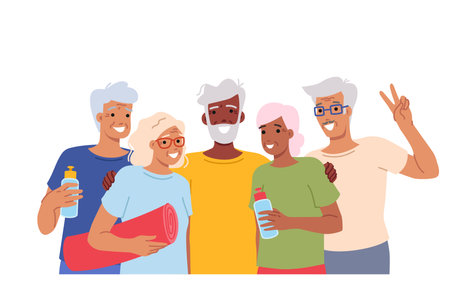 Elderly people with sports equipment for fitness or running and yoga outdoors, posing for group portrait. Active retirees go in for sports after retirement to maintain health and well-beingのイラスト素材