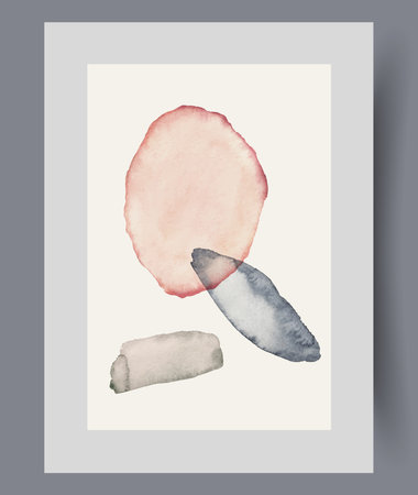 Asymmetrical artistic poster with boho style spots symbolizing chaos and lack of clear structure. Art painting with watercolor aesthetic figures in abstract position for art magazine designのイラスト素材
