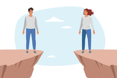 Love at distance between man and woman feeling stressed and standing on different rocks. Love at distance is demonstrated by young couple maintaining relationship during business trip or emigrationのイラスト素材