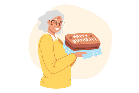 Birthday cake in hands of happy elderly woman celebrating centenary and rejoicing in congratulations from family. Grandma birthday ready to receive gifts and listen to compliments.のイラスト素材