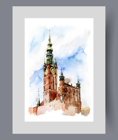 Building with clock on top of tower in Poland in city of Gdansk on wall art. Watercolor artwork. Print with beautiful European-style architecture in Gdansk, in frame with decor for posterのイラスト素材