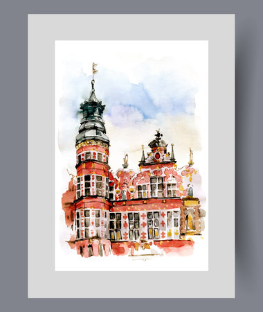 Old red building with tower with flag on top under blue sky on print. Watercolor poster. Artwork with architectural landmark and historically valuable building, in frame with decor for wall artのイラスト素材