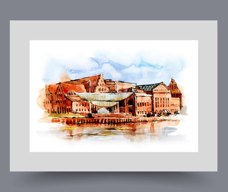 City panorama with river bank and red brick buildings on wall art. Watercolor print. Artwork with embankment in Gdansk in Poland in sunny summer weather, in frame with decor for posterのイラスト素材