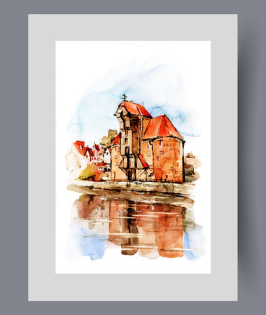 Antique red brick architecture on river bank with building reflected in water on wall art. Watercolor artwork. Poster with architecture in Poland in city of Gdansk, in frame with decor for printのイラスト素材
