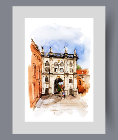 Beautiful architecture with building with arch for pedestrians in Polish city on wall art. Watercolor artwork. Print with architectural landmarks Gdansk under blue sky, in frame with decor for posterのイラスト素材