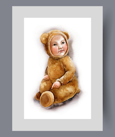 Cute baby in teddy bear clothes with ears on hood, sitting on floor on print. Watercolor poster. Artwork with baby in funny outfit for festive masquerade party, in frame with decor for wall artのイラスト素材