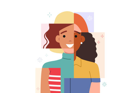 Multiracial woman made up of photographs of girls from different cultures and nationalities. Portrait of multiracial lady symbolizing unity of various races and freedom from discriminationのイラスト素材