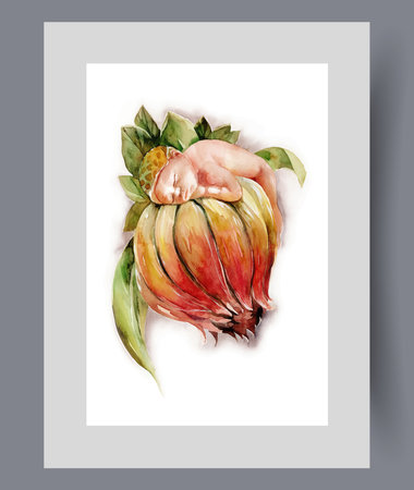 Childbirth and reproductive process are symbolized by baby sleeping on flower on wall art. Watercolor artwork. Poster with childbirth and emergence new life on plant, in frame with decor for printのイラスト素材