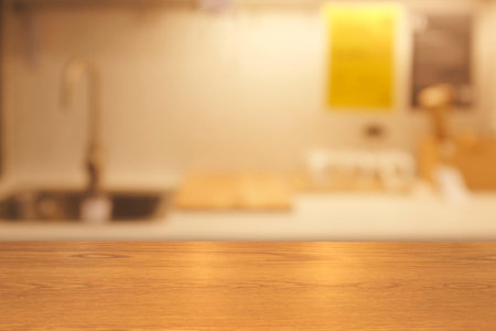 Top of empty of wood table with Blur Interior and decoration of a Modern kitchen and coffee. Using for Mock up template for craft display of your design,Banner for advertise of product.の写真素材