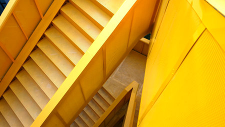 Yellow stairway in modern building, closeup of photo with soft focusの写真素材