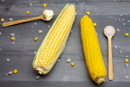 Two cobs of fresh and cooked sweet corn lying on a gray table surrounded by salt and butter on a wooden spoon.の写真素材