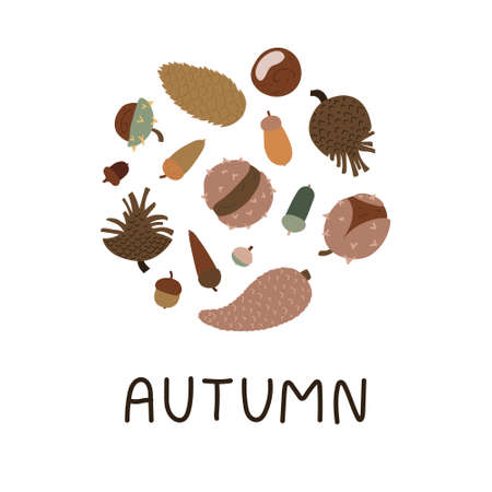 Pretty autumn mood card with hand-drawn text - Autumn. Round composition with chestnuts, acorns, cones. Vector illustration isolated on white background.のイラスト素材