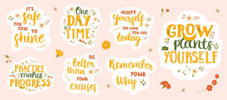 Set of stickers with motivational and inspirational lettering. Collection of hand-drawn designs in worm colors.のイラスト素材