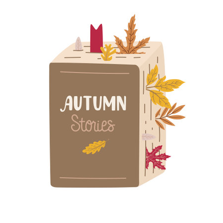 Cute autumn concept illustration of a book with leaves as bookmarks and lettering - Autumn stories. Pretty doodle drawing isolated on white background. For sticker, print, card, postcard, decor, etc.のイラスト素材