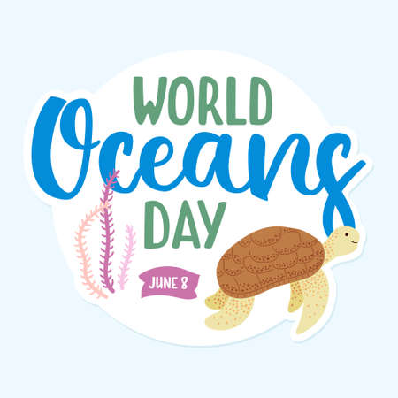 World oceans day - hand-drawn concept composition for June 8. Doodle illustration with turtle and lettering.のイラスト素材