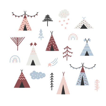 Set of pretty childish illustration of wigwam, trees, clouds, rainbows and stars. Cute doodle clipart in pastel colors isolated on white background.のイラスト素材
