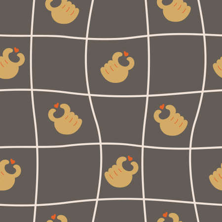 Seamless hand-drawn checkered pattern with curved lines and hands holding heart. Dark background...